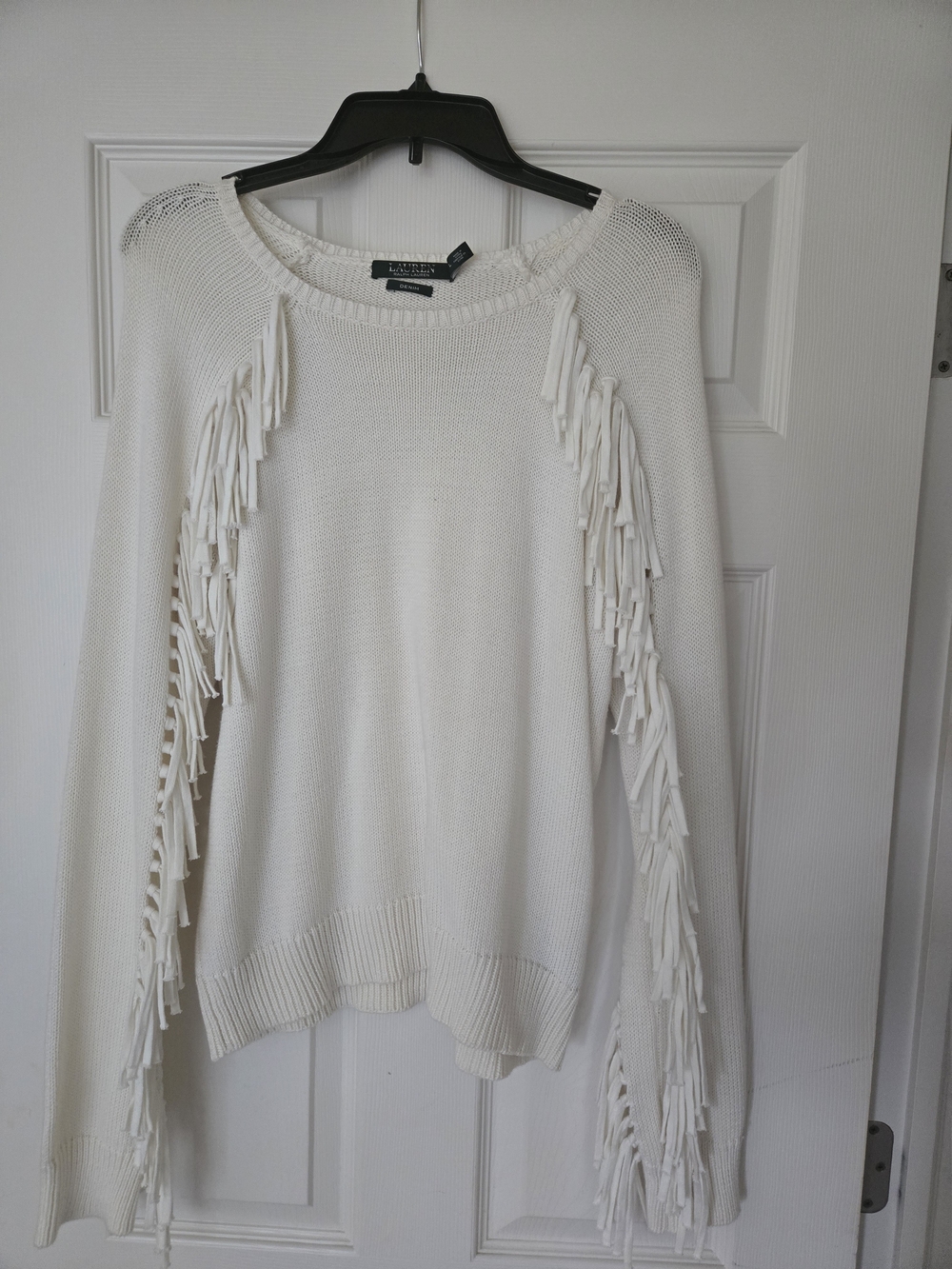 Ralph Lauren Ivory Fringe Scoop-Neck Knit Sweater